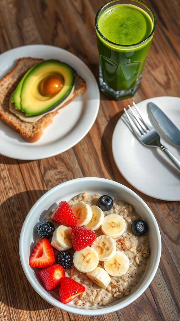 A vegan breakfast with oatmeal, berries, avocado toast, and a green smoothie on a wooden table.